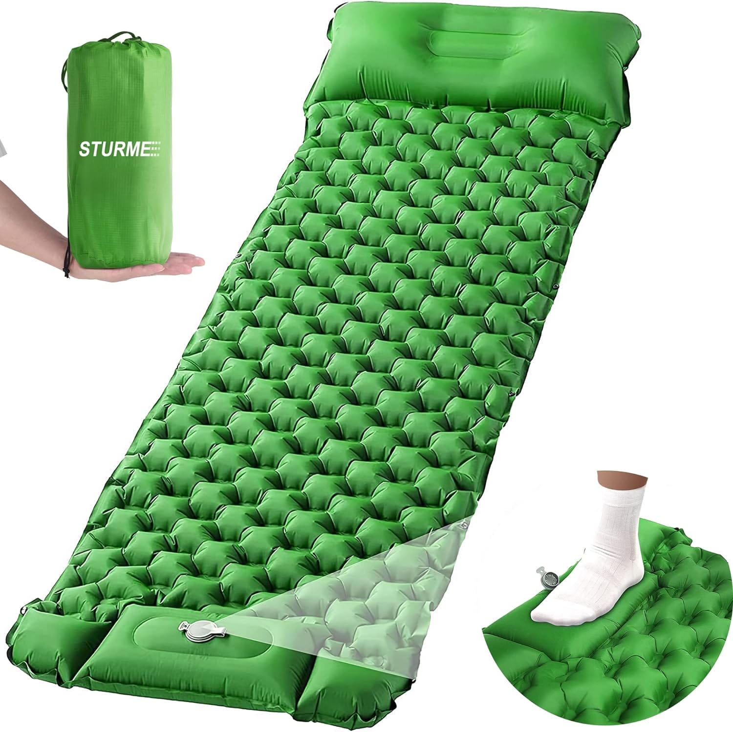 STURME Camping Sleeping Mat, Self-Inflating with Foot Press Pump, Outdoor Inflatable Air Mattress, Ultralight Sleeping Mat, Camping Mattress, Foldable Sleeping Mat with Cushion for Outdoor Use