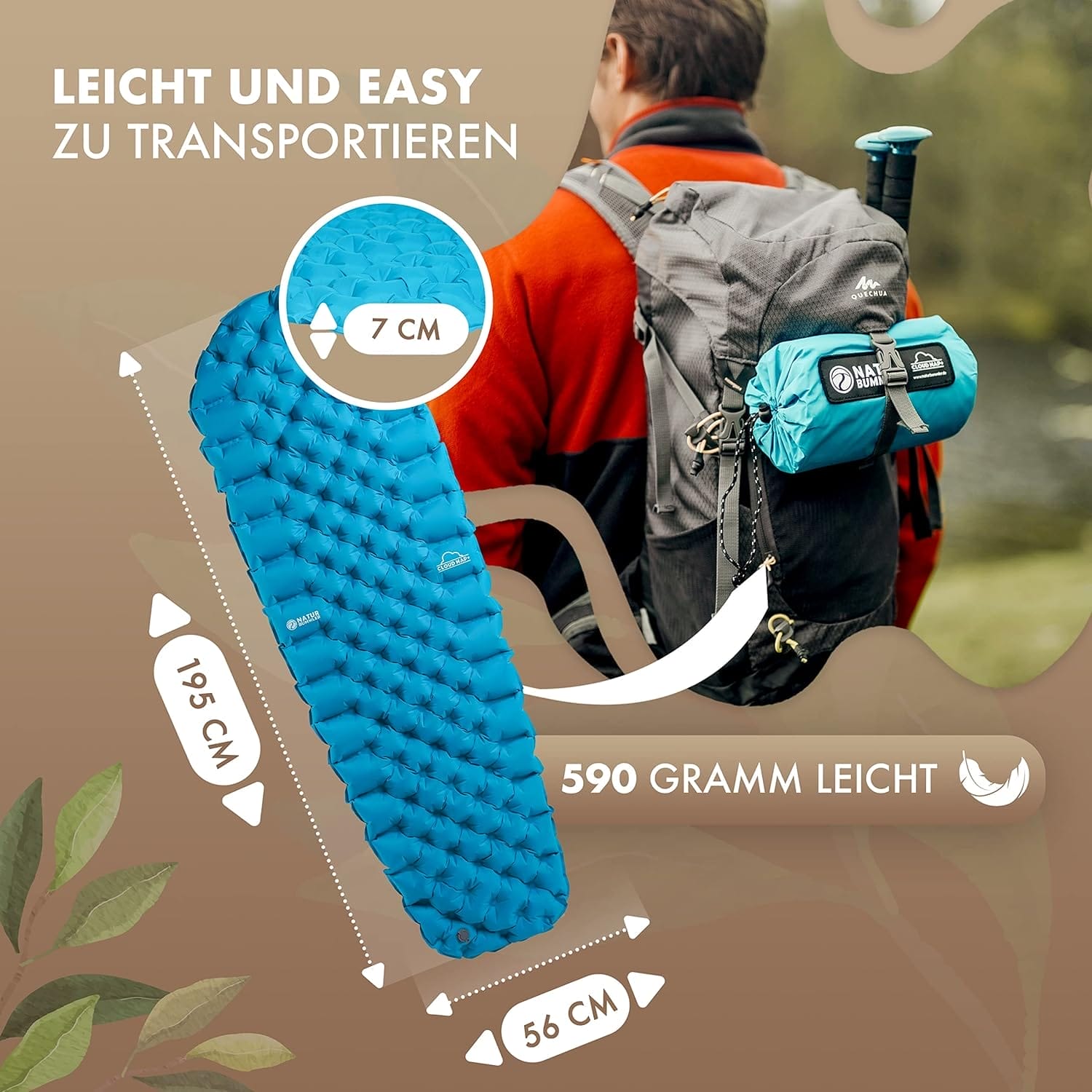NATURBUMMLER ® Camping Isomatte Outdoor 195x56cm [sehr kompakt  leicht] inkl. Co2-Neutralität – in Sekunden aufgepumpt – Isomatte Camping Luftmatratze Camping aufblasbare Isomatte