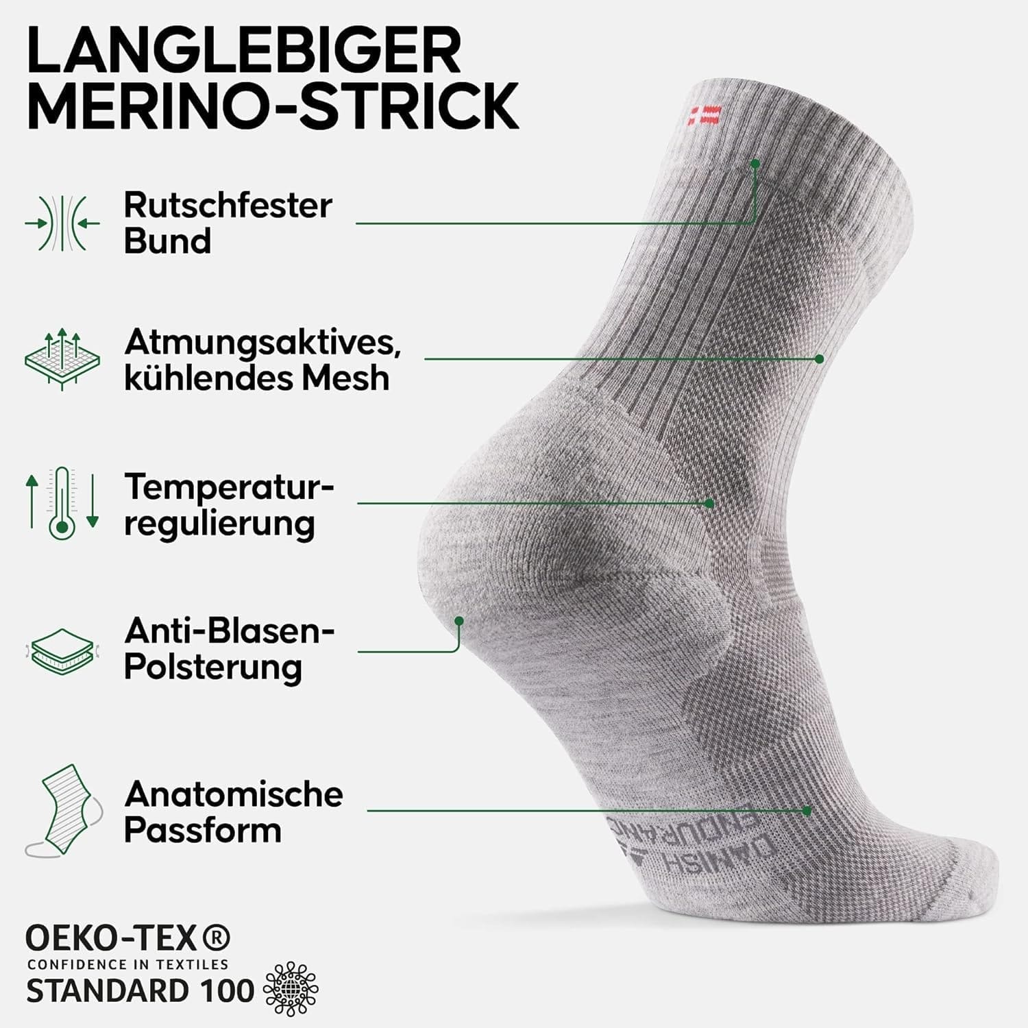 DANISH ENDURANCE 3 Pairs Lightweight Merino Hiking Socks Padded Anti Blisters for Men  Women