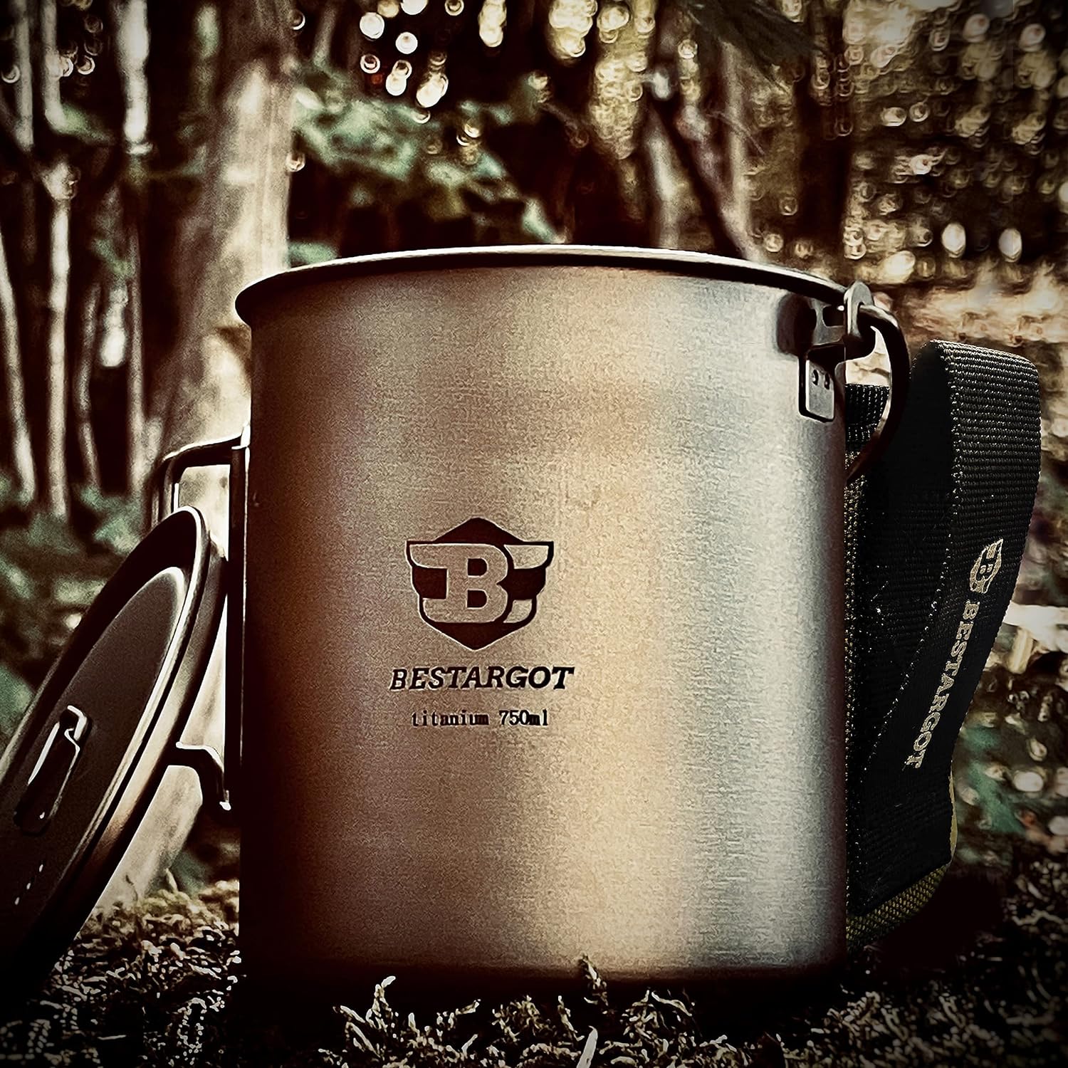 Bestargot 750ml Titan Becher Camping Topf Outdoor Tasse mit Isolierbeutel, Titan Camping Geschirr Set, Outdoor-Topf Kochgeschirr, Große Kapazität für Solo-Camping, Wandern, Bushcraft