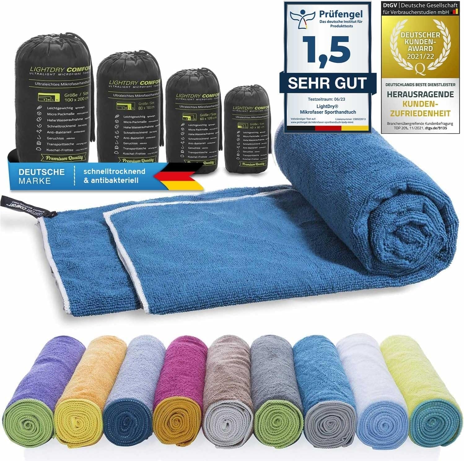 LightDRY Mikrofaser Frottee Badetuch Strandtuch Trekking Reise-Handtuch, Saugfähig, leicht  antibakteriell, 200x100cm, Blau-Grün
