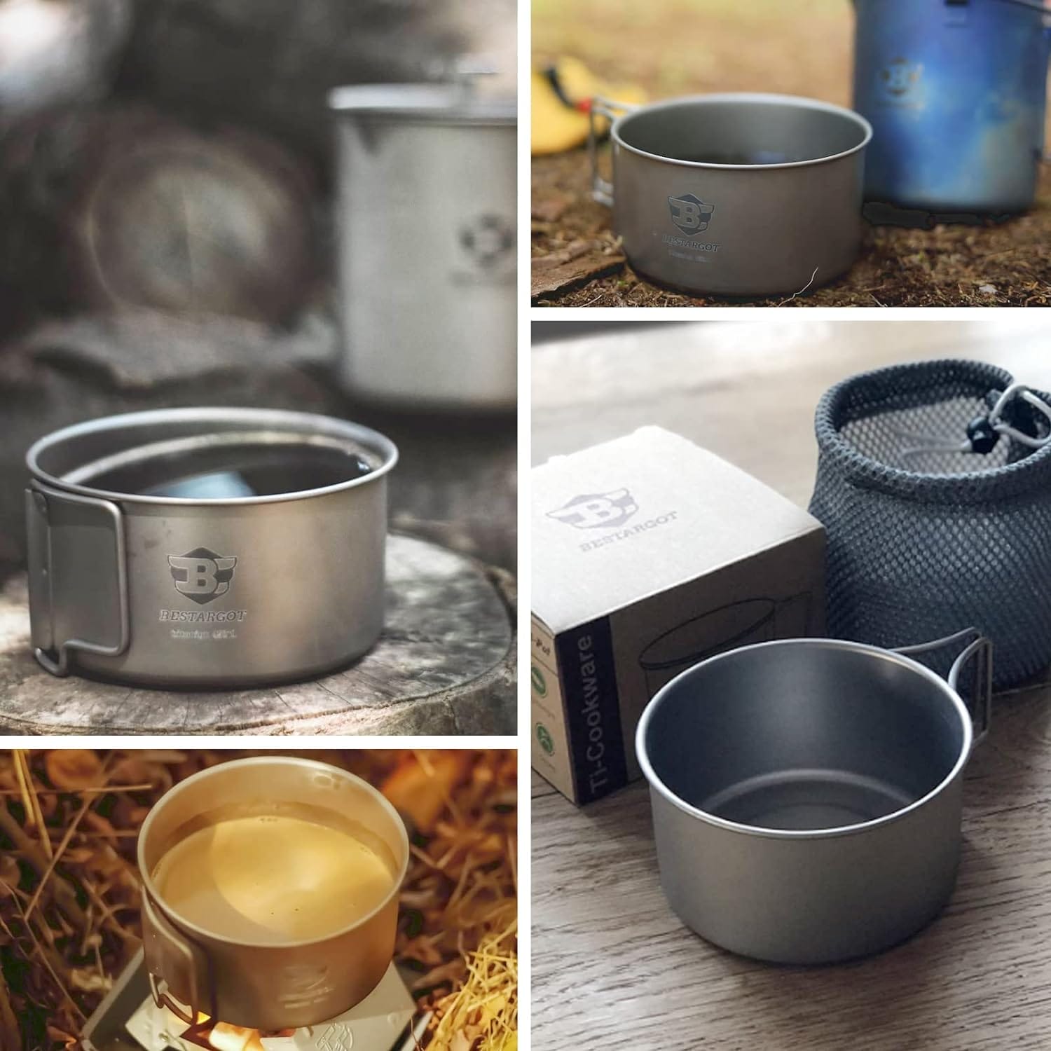 Bestargot 750ml Titan Becher Camping Topf Outdoor Tasse mit Isolierbeutel, Titan Camping Geschirr Set, Outdoor-Topf Kochgeschirr, Große Kapazität für Solo-Camping, Wandern, Bushcraft