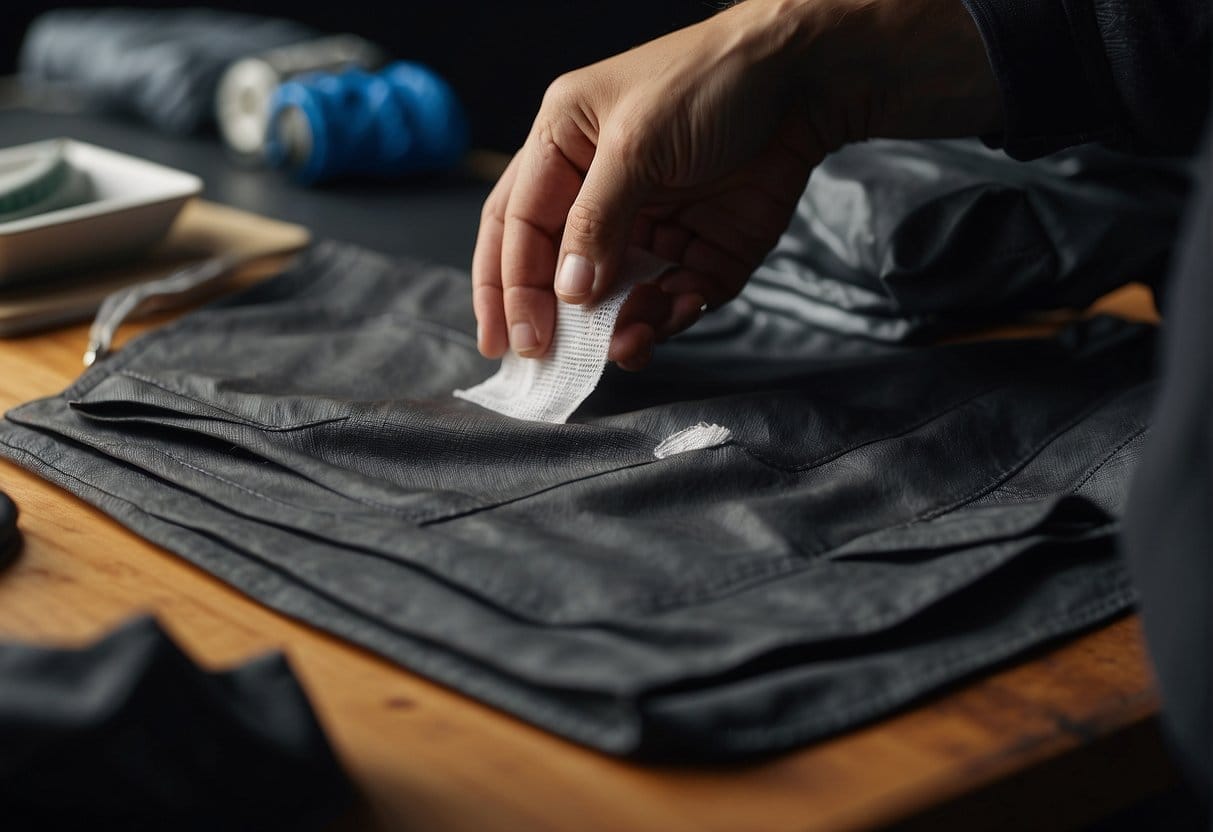 A hand applies Gore Tex patches to a torn fabric, sealing the edges with precision